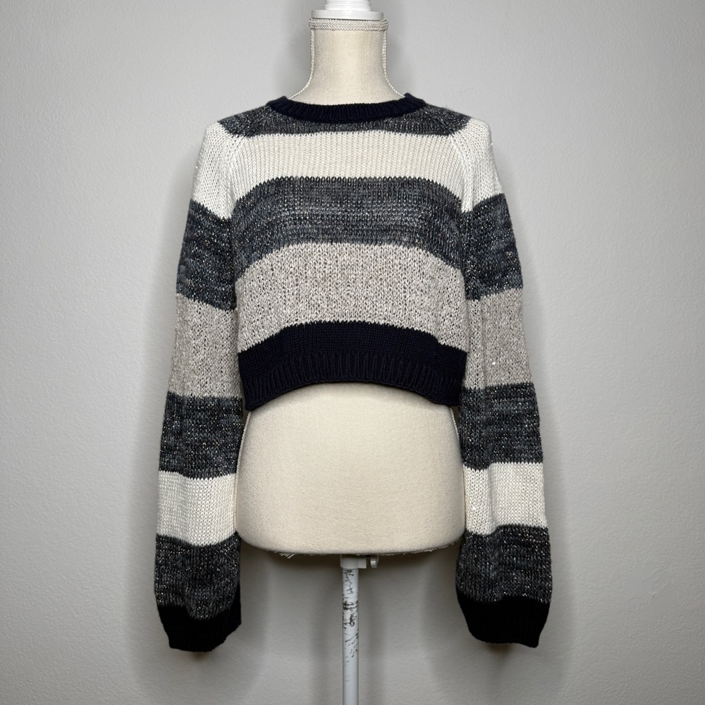 Brunello Cucinelli Cropped Striped Sweater Blue White Metallic Knit Size S